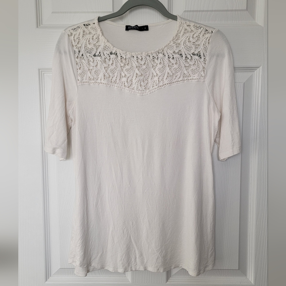 David Jones White Tee Short With Crochet Neckline